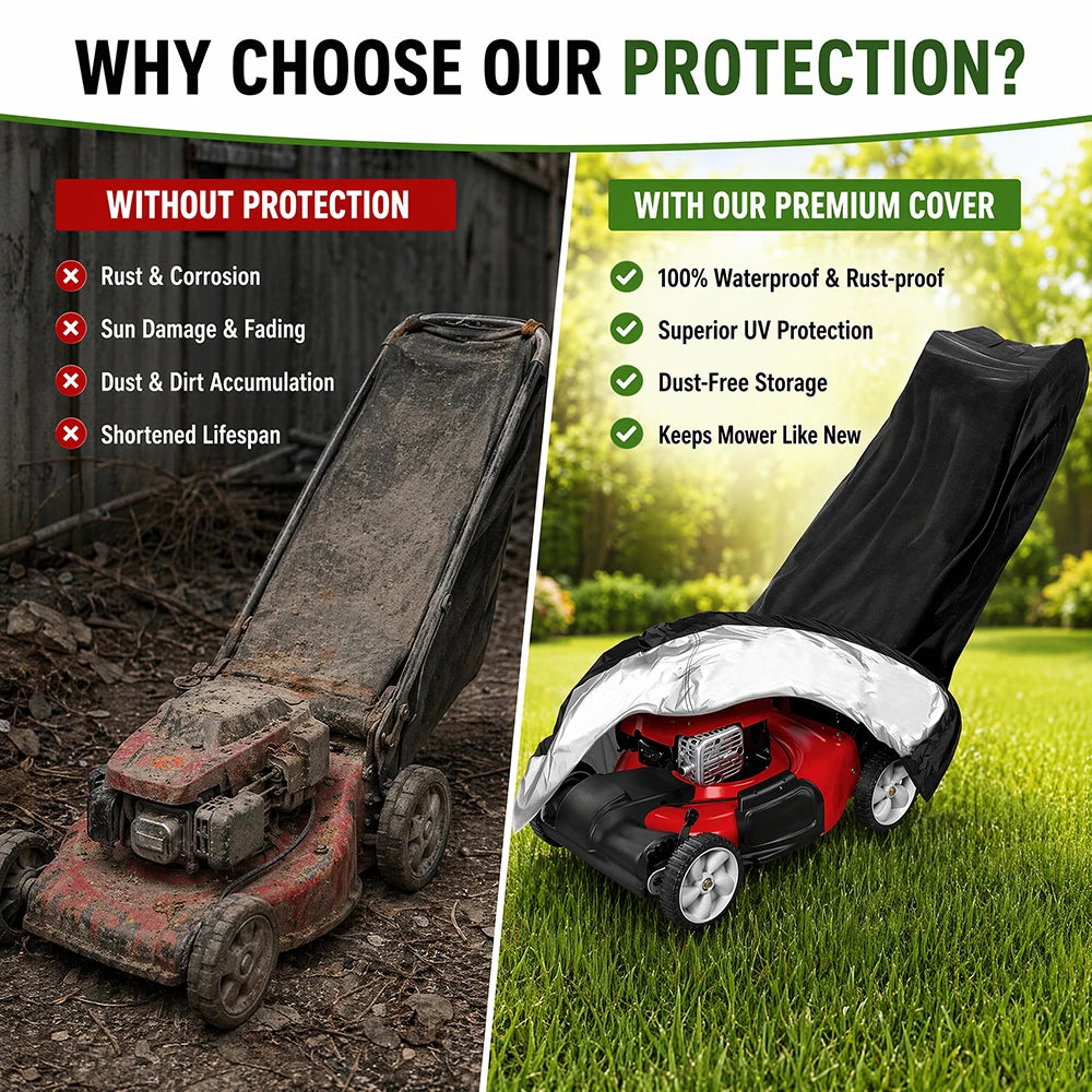 A comparison showing a lawn mower without protection versus one covered with a premium protective cover.
