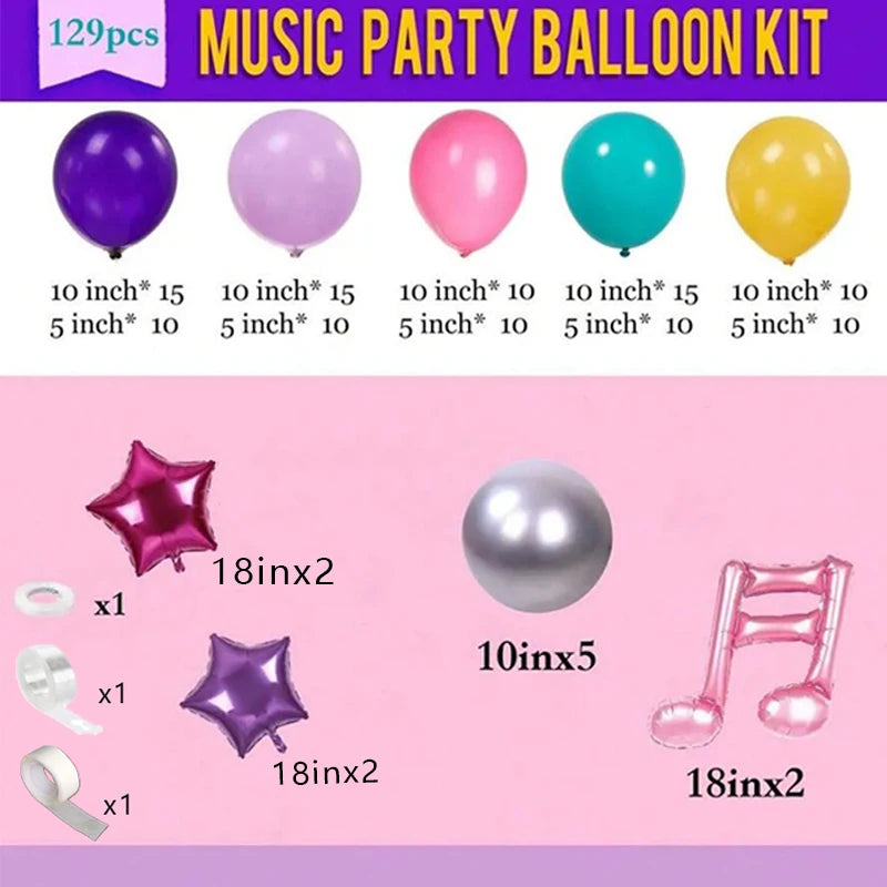 Set von 129 Ballons in verschiedenen Farben wie Lila, Pink, Türkis und Gelb für eine Musikparty-Dekoration.