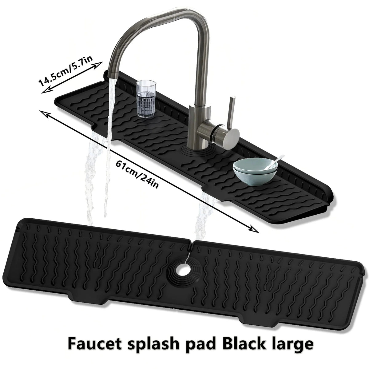 A large black silicone faucet splash guard mat with a metal faucet and bowl shown in use.