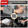 Grey FIXSMITH shop towels used for industrial cleaning of oils, dirt, and liquids on automotive parts.