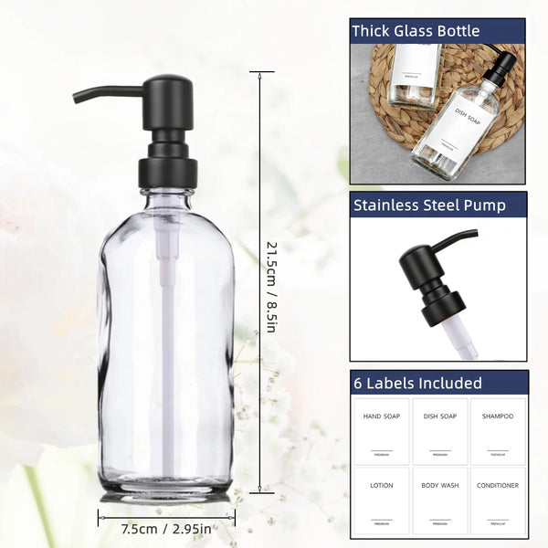 Clear glass soap dispenser bottle with a black pump and six included labels for hand soap dish soap shampoo and lotion