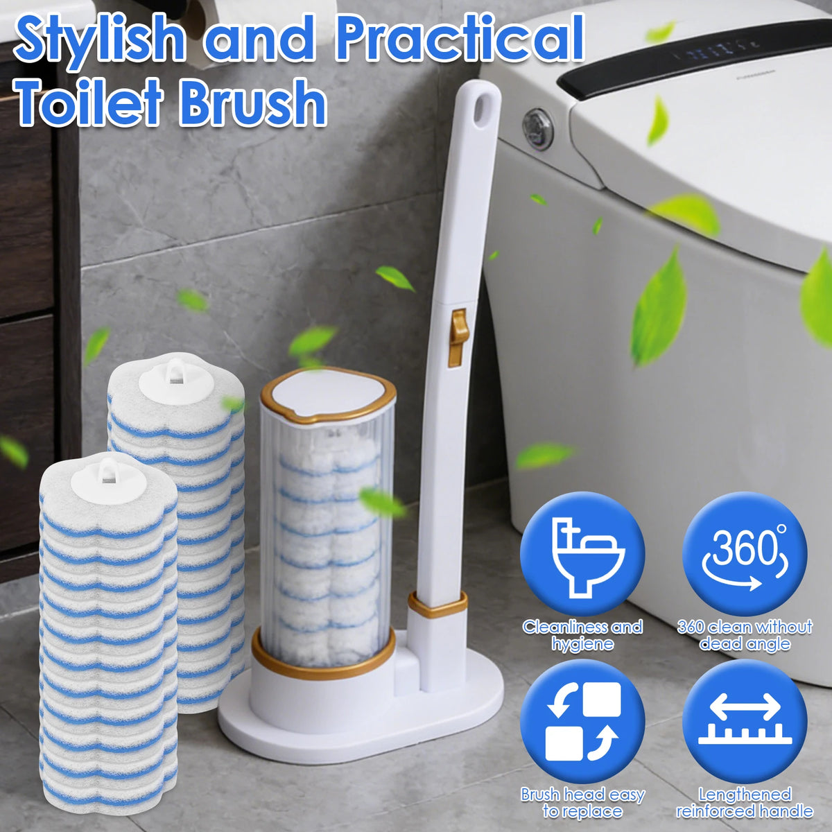 A white disposable toilet brush with a long handle and multiple cleaning bristles is shown next to a toilet.