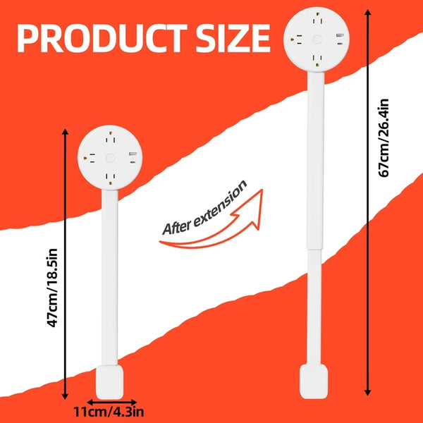 A white rotating electrical power adapter cord extender shown with its expanded length and dimensions.