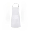 A white water-resistant bib apron with pockets shown against a white background.