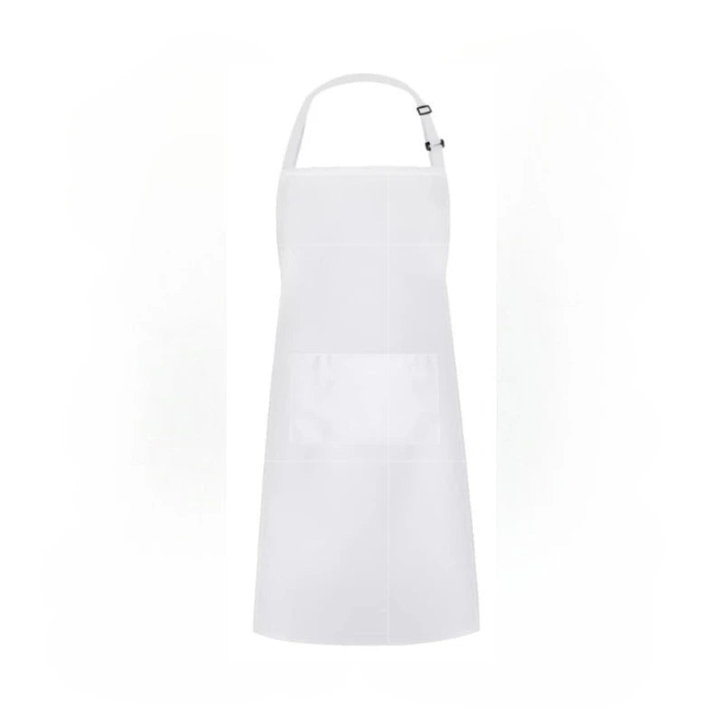 A white water-resistant bib apron with pockets shown against a white background.