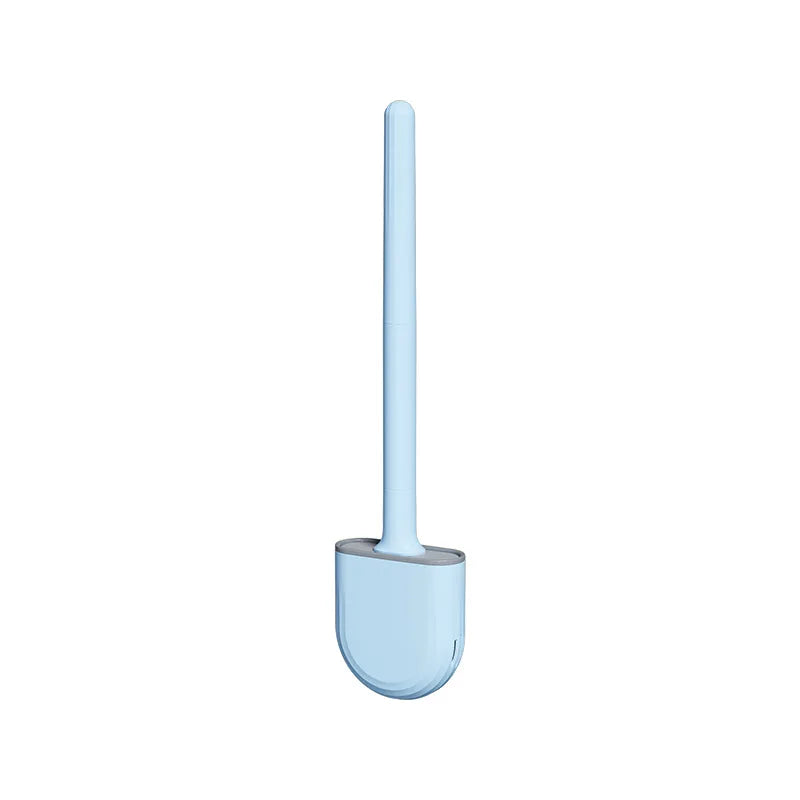 Une brosse à toilette bleue et élancée en silicone avec une base plate.