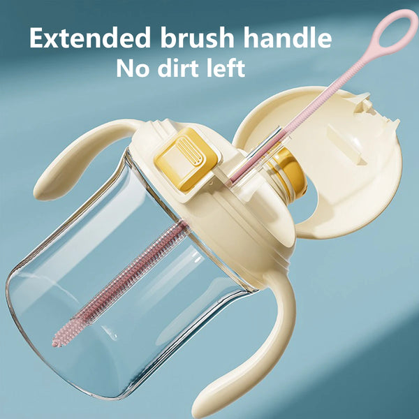 A clear silicone brush with an extended handle is shown, designed to prevent dirt from being left behind.