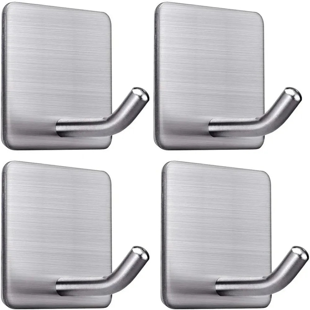 A set of modern stainless steel adhesive hooks with a square plate and curved arms for organization.