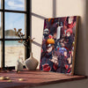 A vertical canvas art poster featuring a dark, dramatic illustration of characters in a moody color palette.