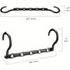 A set of black plastic clothes hangers with various sizes and hooks for closet organization.