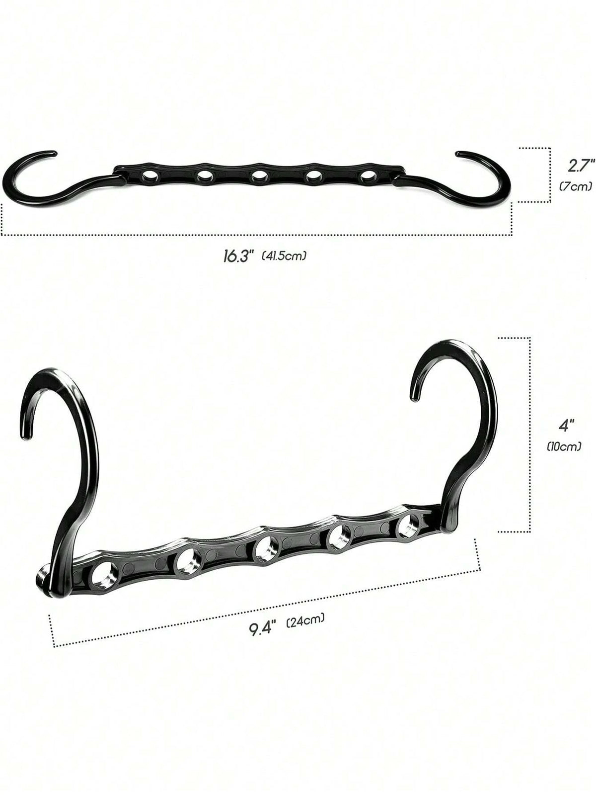A set of black plastic clothes hangers with various sizes and hooks for closet organization.