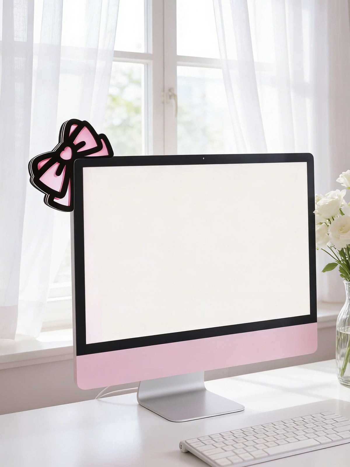 Un écran d'ordinateur avec une décoration d'oreille de chat rose, posé sur un bureau blanc.