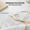 A close-up of a stainless steel rust-resistant hook ring on a white marble design shower curtain.