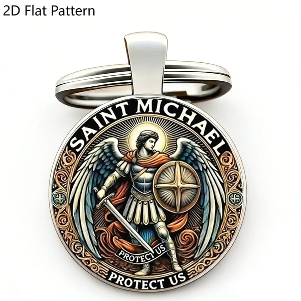 Silver keychain featuring a round pendant depicting Saint Michael the Archangel with wings and a sword.