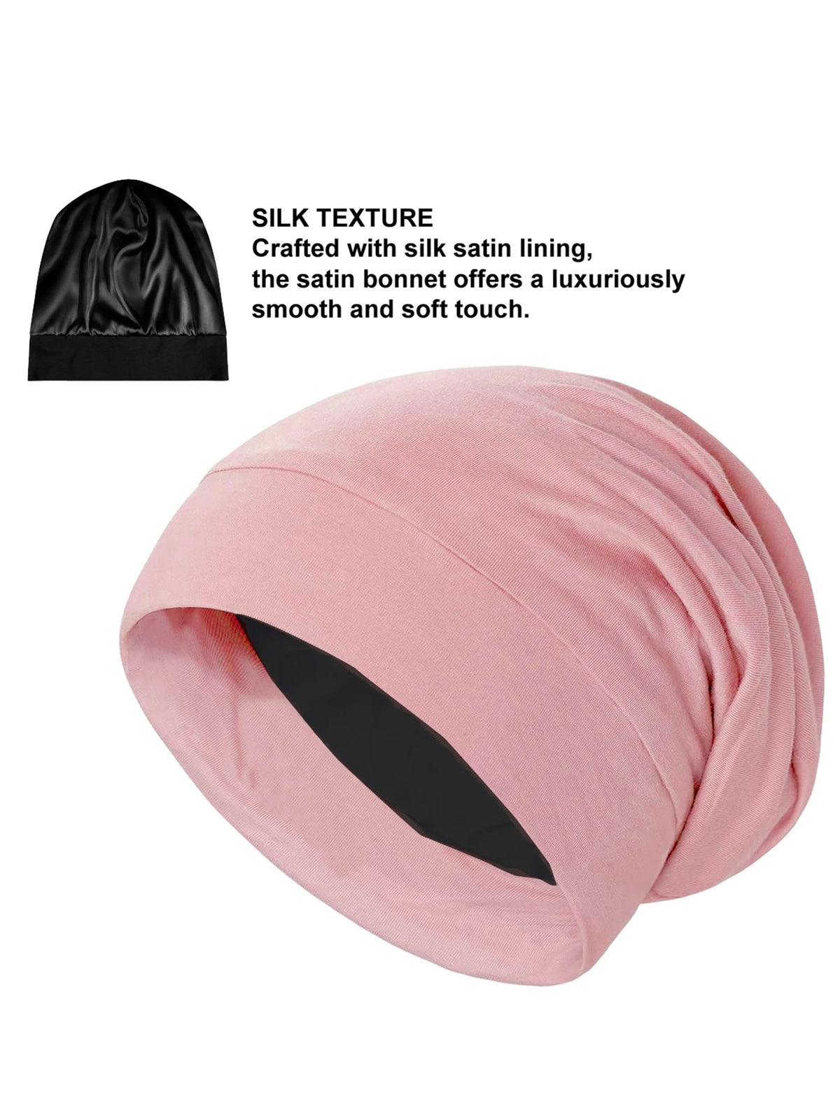 A pink satin sleep bonnet is shown, folded and rolled, with a black lining visible inside.