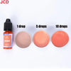 A set of liquid candle dye in orange color shown with 1, 5, and 10 drops on a white background.