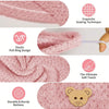 Close-up of a pink microfiber hair drying towel wrap showing features like elastic design, durable buttons, and soft touch.