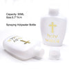A white spraying holy water bottle with a gold cross design and a separate cap shown on a white background.
