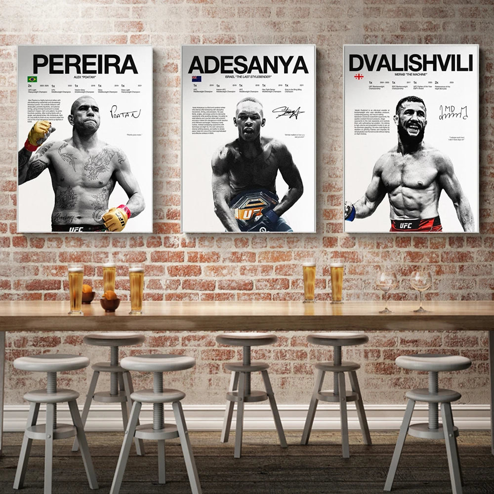 Three canvas art prints featuring portraits of famous UFC fighters Pereira, Adesanya, and Dvalishvili.