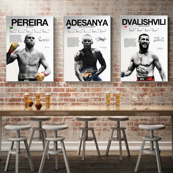 Three canvas art prints featuring portraits of famous UFC fighters Pereira, Adesanya, and Dvalishvili.