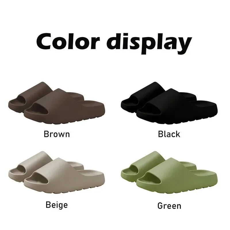 A display of Cloud Comfort EVA slides in brown, black, beige, and green colors.