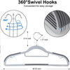 A white plastic hanger with 360 degree swivel hooks shown alongside various dimensions.