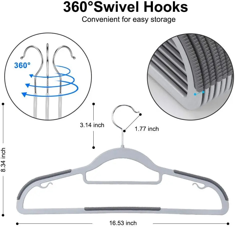 A white plastic hanger with 360 degree swivel hooks shown alongside various dimensions.