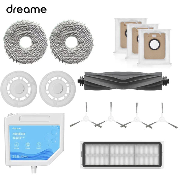 A collection of replacement parts for a Dreame robot vacuum, including brush rolls and cleaning pads.