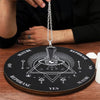 A dark wooden divination altar set featuring a pentagram and an eye symbol with a silver chain necklace.