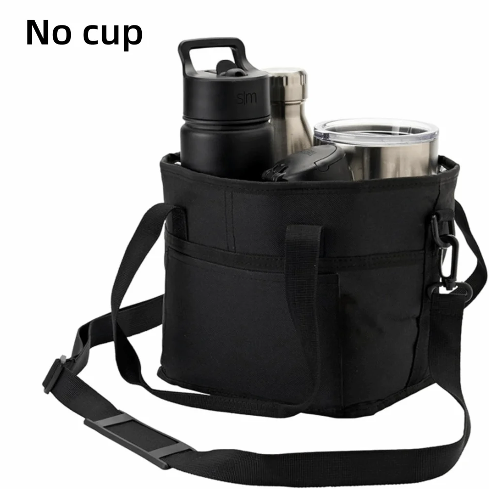 Sac isotherme noir avec porte-gobelet en silicone et une gourde en acier inoxydable.