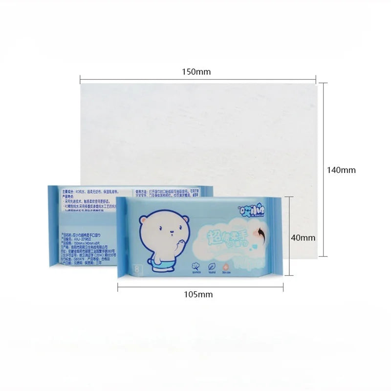 A rectangular package of portable mini hand wipes in light blue and white, shown with dimensions.