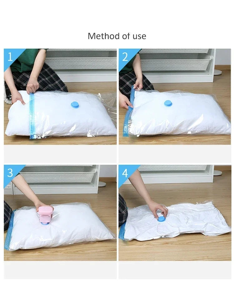 Four steps demonstrating the method of using vacuum storage bags with a hand pump for clothes and blankets.