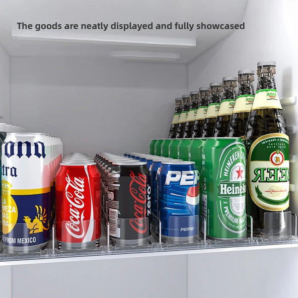 A refrigerator shelf displaying various canned and bottled beverages including Coca-Cola, Heineken, and others.