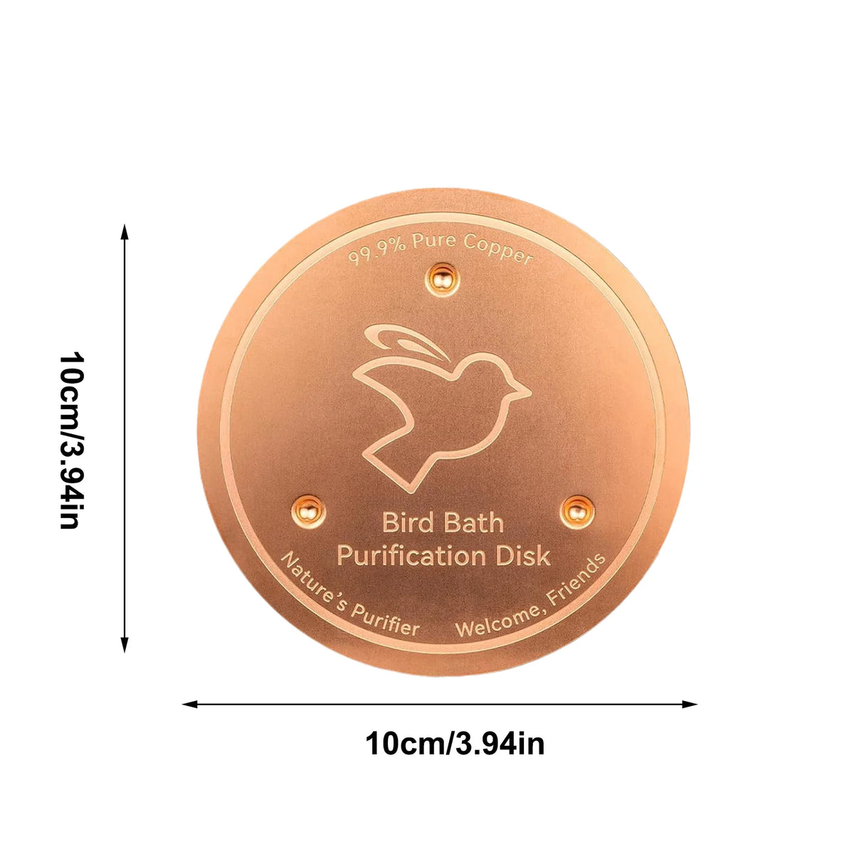 A round, copper purification disk for a bird bath, featuring an engraved bird silhouette and triple-point supports.