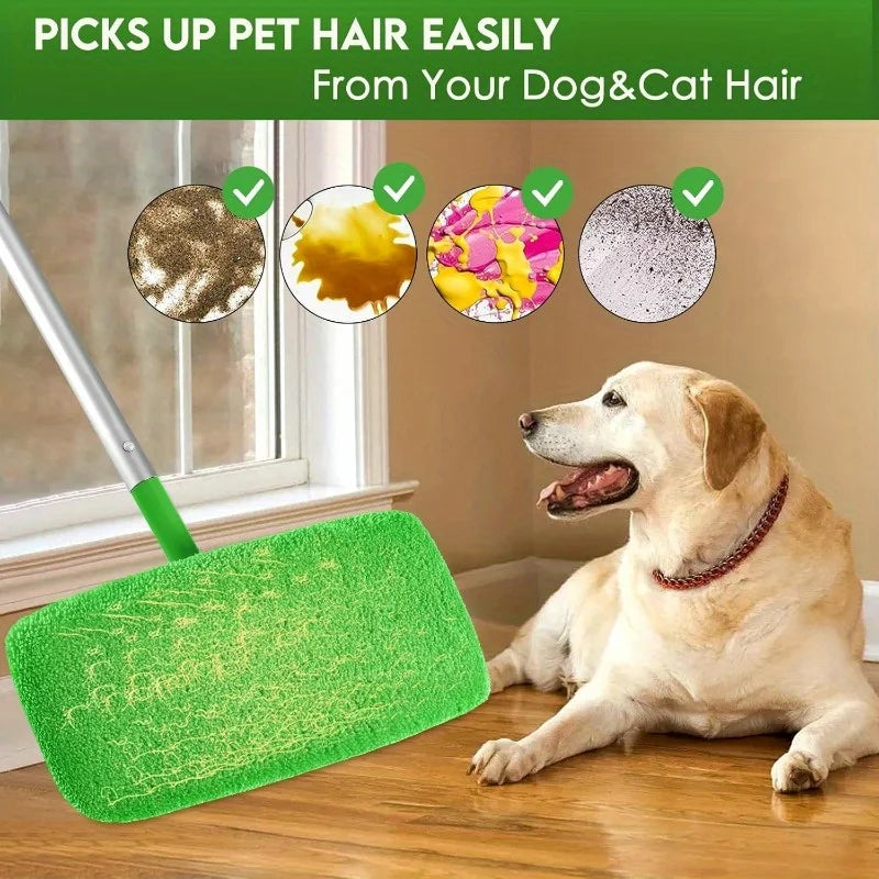 A green reusable mop pad is shown next to a golden retriever dog, demonstrating how it picks up pet hair easily.