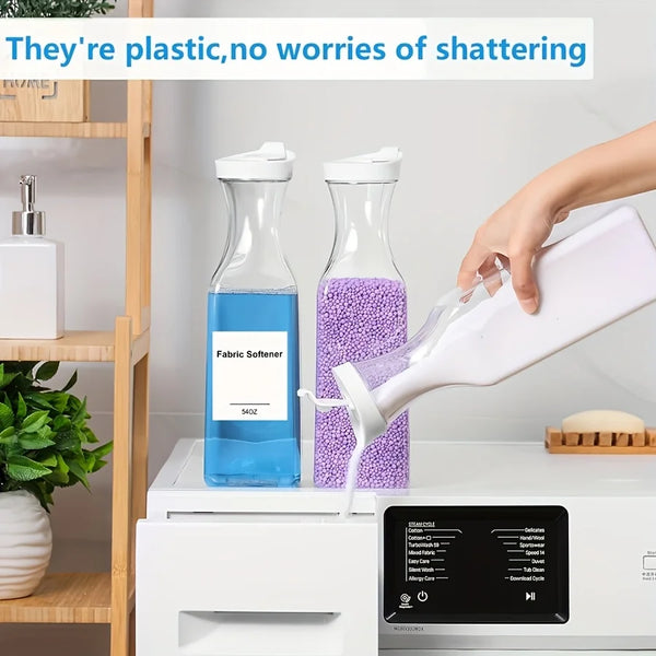 A hand is pouring blue and purple liquid laundry detergent from glass dispensers into a white plastic bottle.