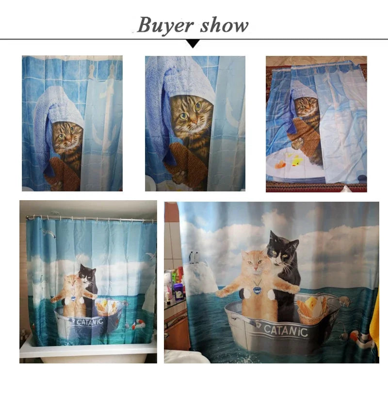 A set of three shower curtains featuring cats in various poses and colors.