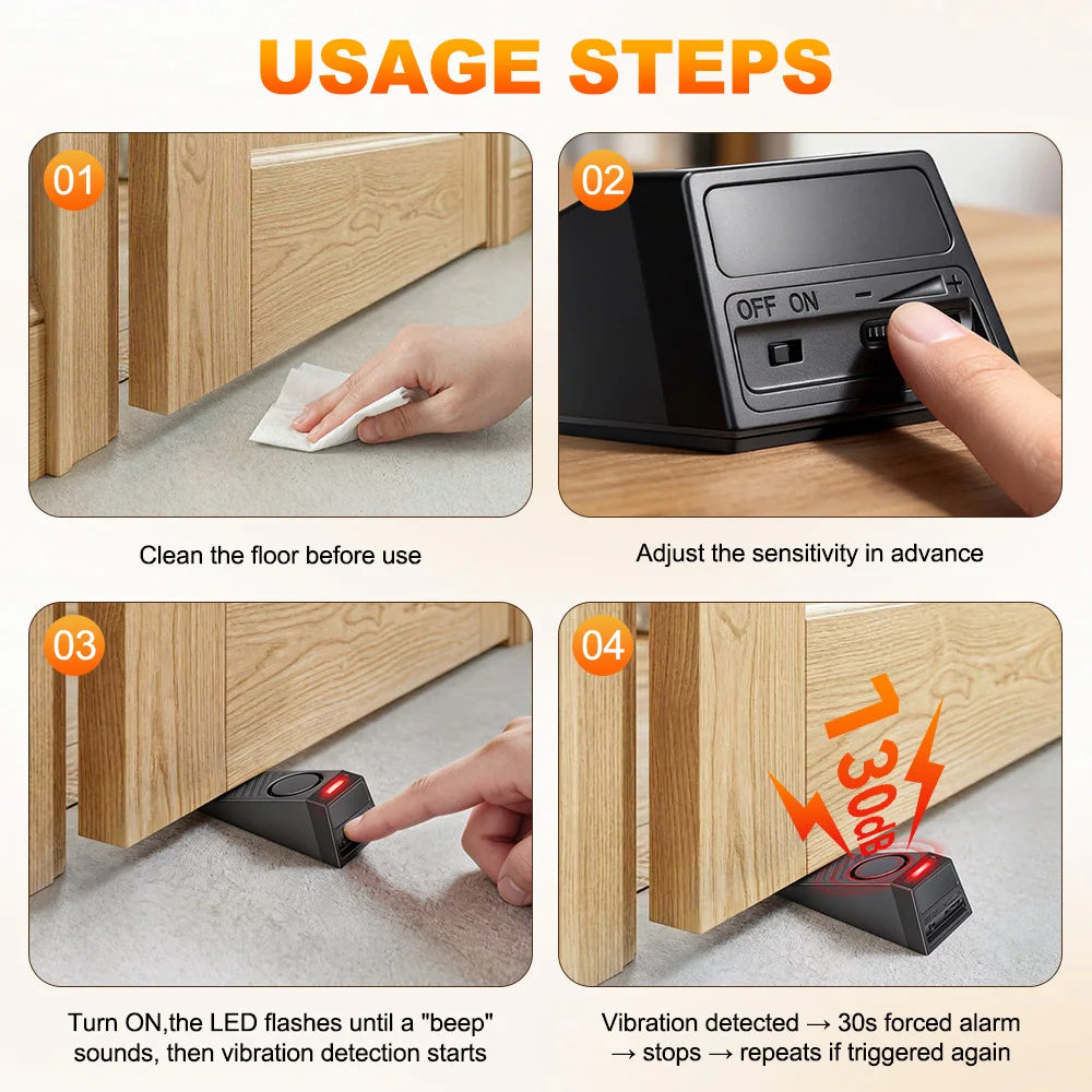 Pasos de uso que muestran cómo limpiar el suelo, ajustar la sensibilidad y activar la alarma del tope de puerta portátil.