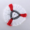 White and red replacement mop head pads with a black center ring and measurement line.