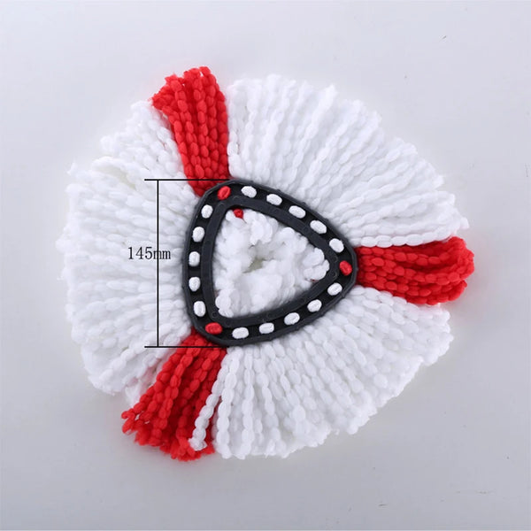 White and red replacement mop head pads with a black center ring and measurement line.