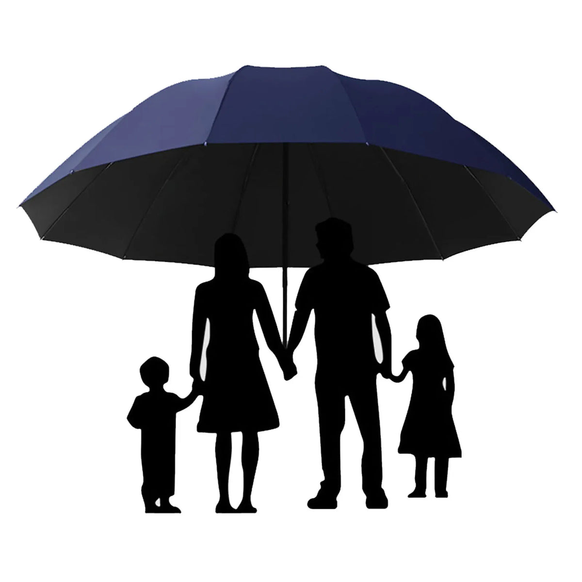 Ein schwarzer Regenschirm ist geöffnet und schützt eine vierköpfige Familie unter dem Baldachin.