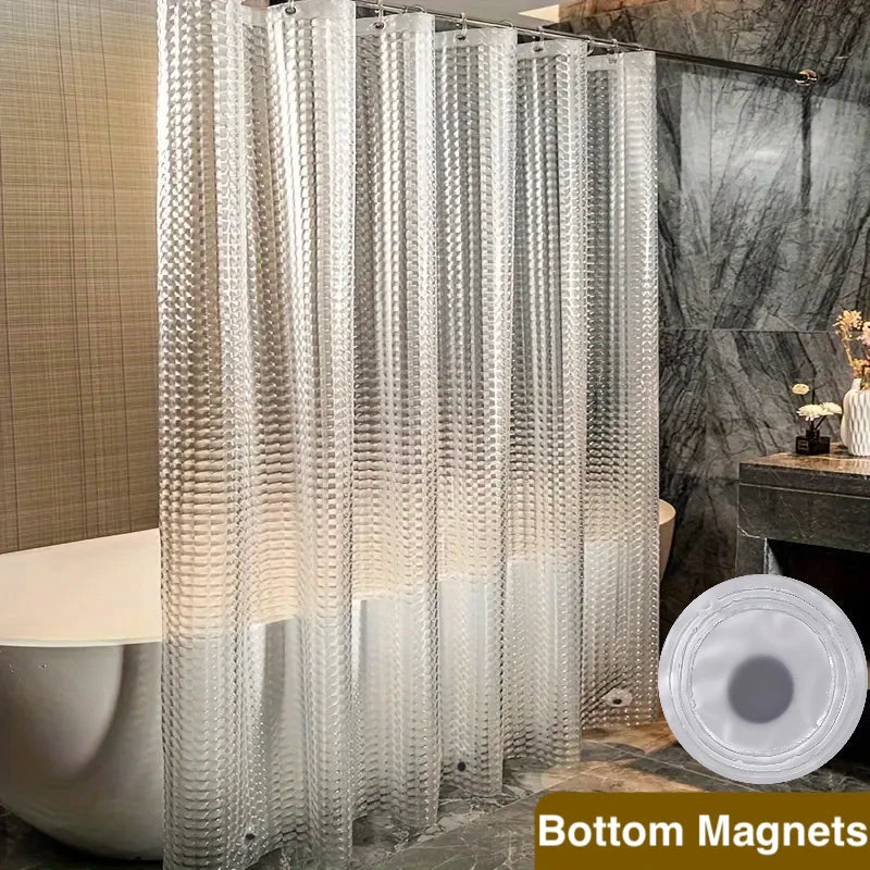 Clear waterproof shower curtain liner featuring weighted magnets for a modern bathroom
