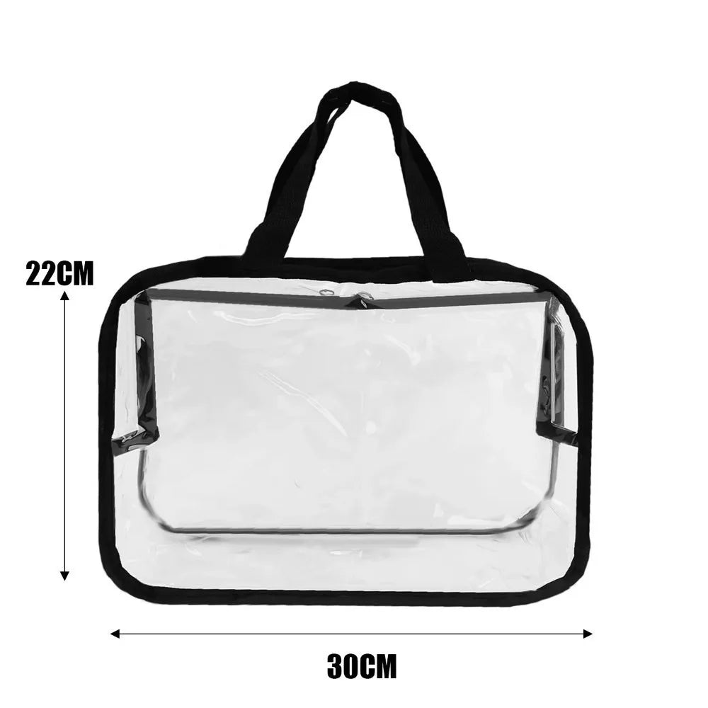 Sac de rangement en plastique transparent avec poignées noires, dimensions 22x30 cm.