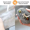 Comparison showing a steel wire cleaning cloth being used for cleaning versus hands being hurt by the material.