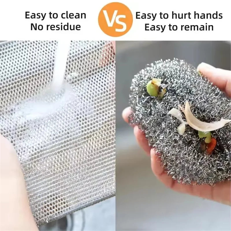 Comparison showing a steel wire cleaning cloth being used for cleaning versus hands being hurt by the material.