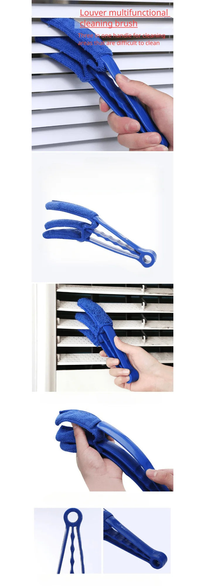 A blue reusable household cleaning brush with a handle is shown being used to clean grooves or crevices.