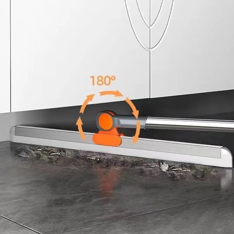 Silicone squeegee broom with an aluminum handle demonstrating a 180-degree cleaning motion.