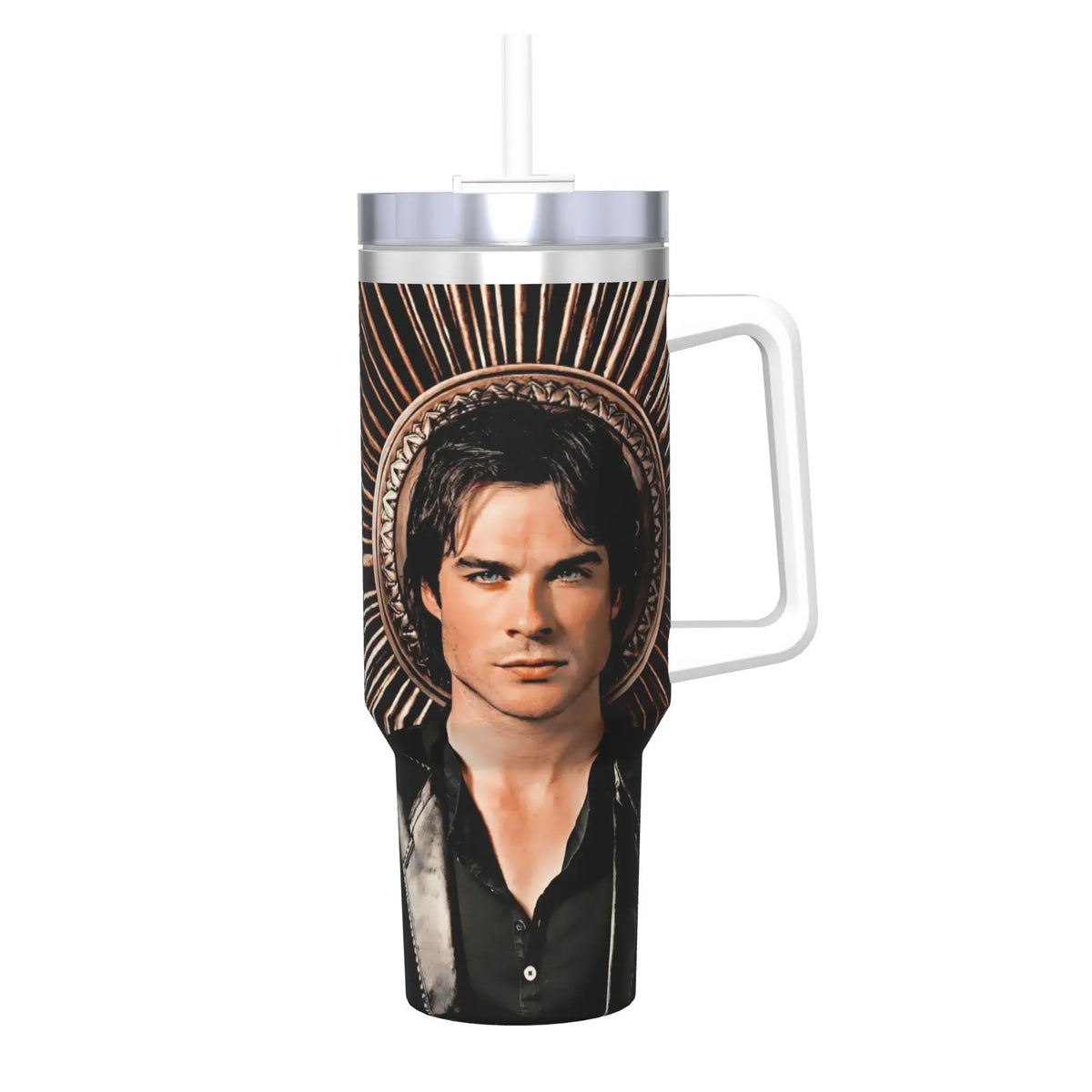 A stainless steel thermal tumbler featuring a portrait of a man with dark hair and intense eyes surrounded by sunburst patter