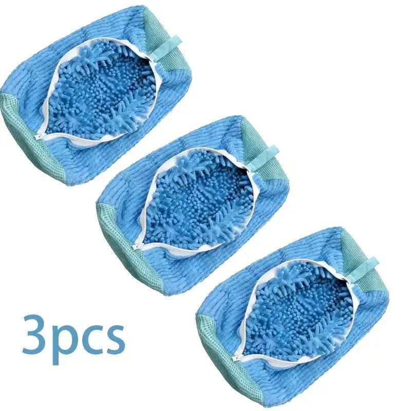 Three reusable blue foam shoe washing bags with an invisible zipper.