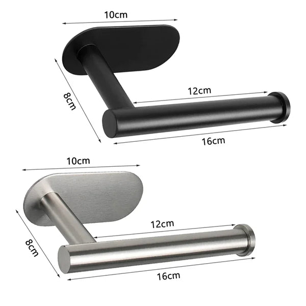 A wall-mounted toilet paper holder with a black finish and a brushed silver finish, shown in a side view.
